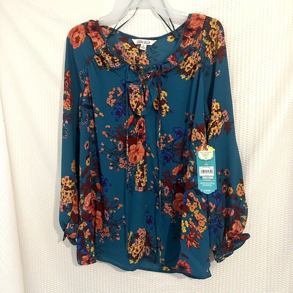 Pioneer Woman Lace Up Neck Long Sleeve Blouse - Picture 1 of 6